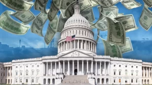 US government spending illustration with Capitol building and rising federal deficit 2026