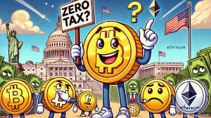 Cartoon illustration of cryptocurrencies reacting to taxes, representing crypto tax policy and digital asset regulation